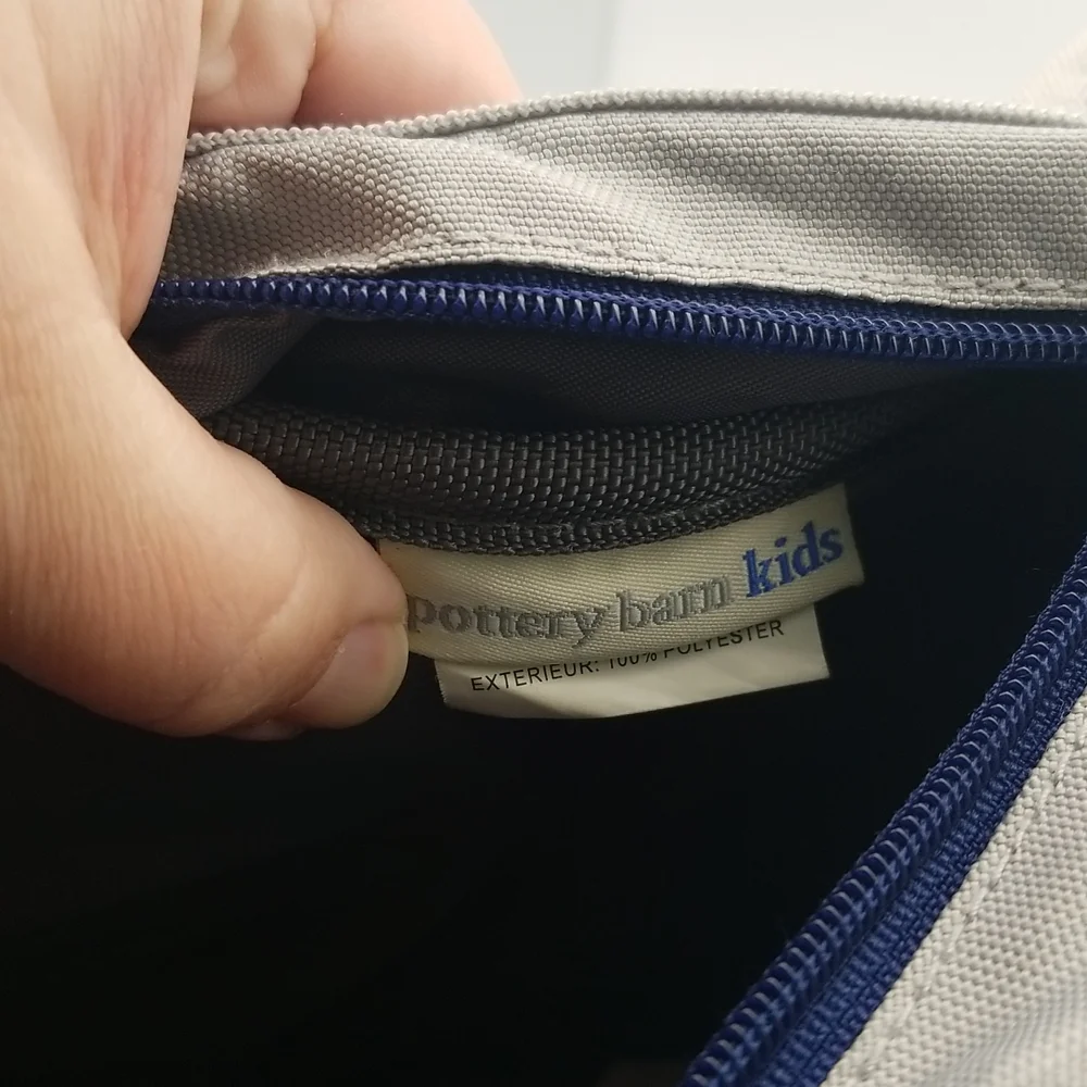 Pottery Barn Kids Fairfax Gray/White Stripe Navy Trim Small Backpack rLm